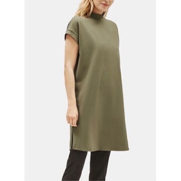 Eileen Fisher- Traceable Organic Cotton Stretch Mock Neck Dress in Olive, XSP - Picture 1 of 13